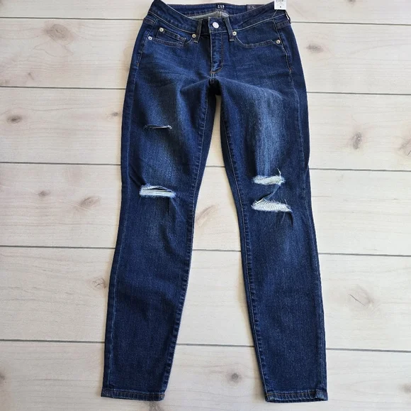 NWT GAP Curvy True Skinny Stretch Jeans Blue Distressed Knees - Picture 2 of 15